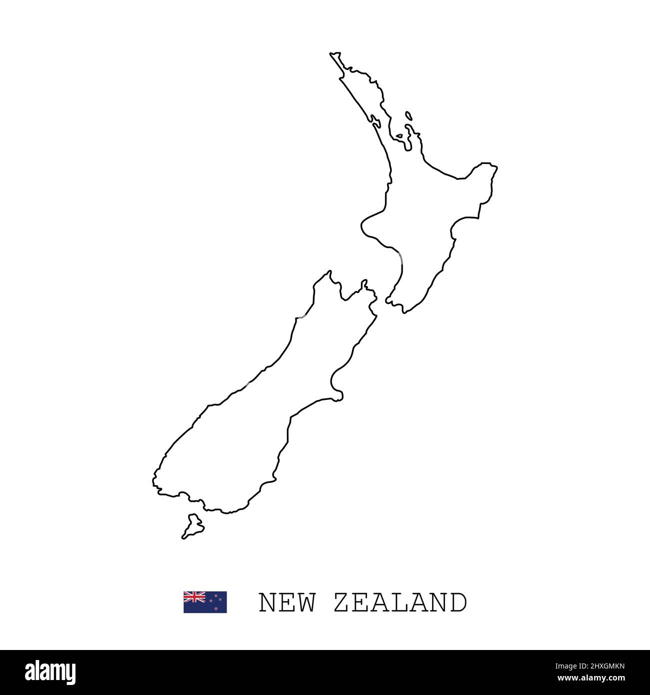 Linea cartografica neozelandese, linea lineare vettoriale sottile, contorno semplice e bandiera. Nero su sfondo bianco Illustrazione Vettoriale