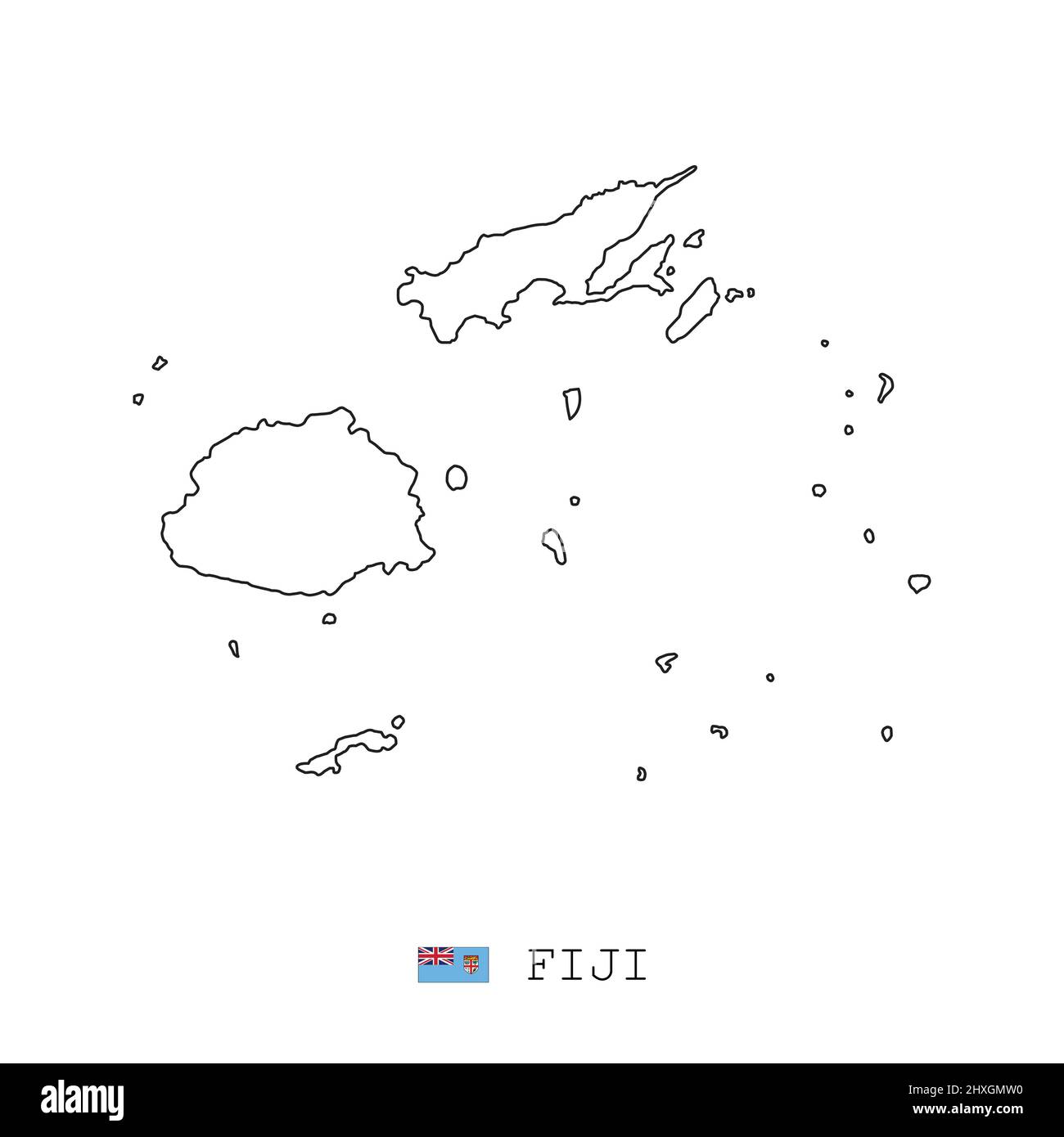 Linea mappa Figi, linea lineare vettoriale sottile contorno semplice e flag. Nero su sfondo bianco Illustrazione Vettoriale