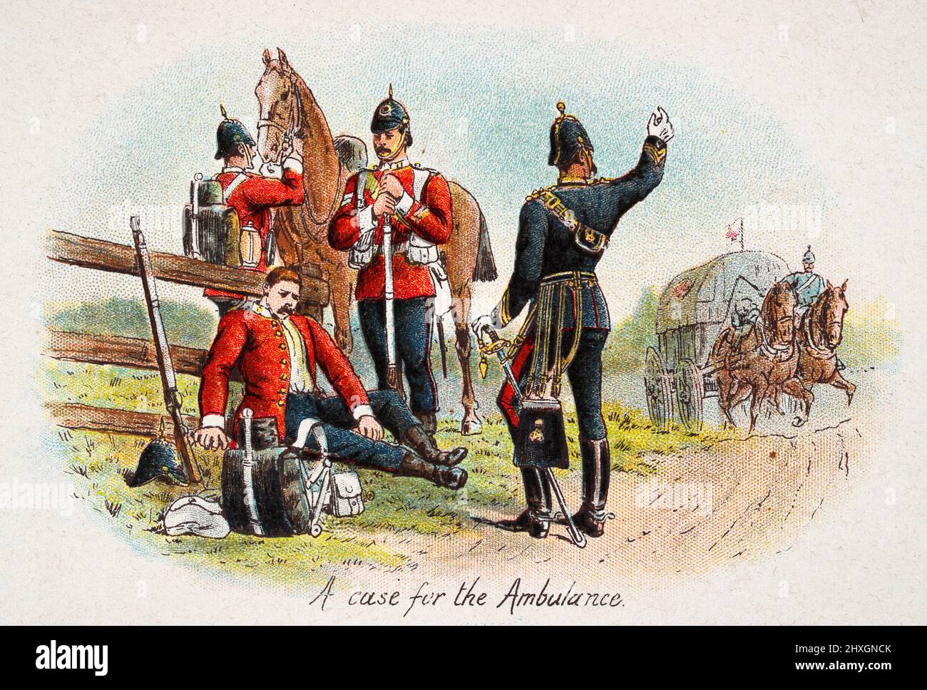 Illustrazione d'epoca dell'ambulanza militare che raccoglie un soldato ferito, l'esercito britannico vittoriano 19th secolo Foto Stock