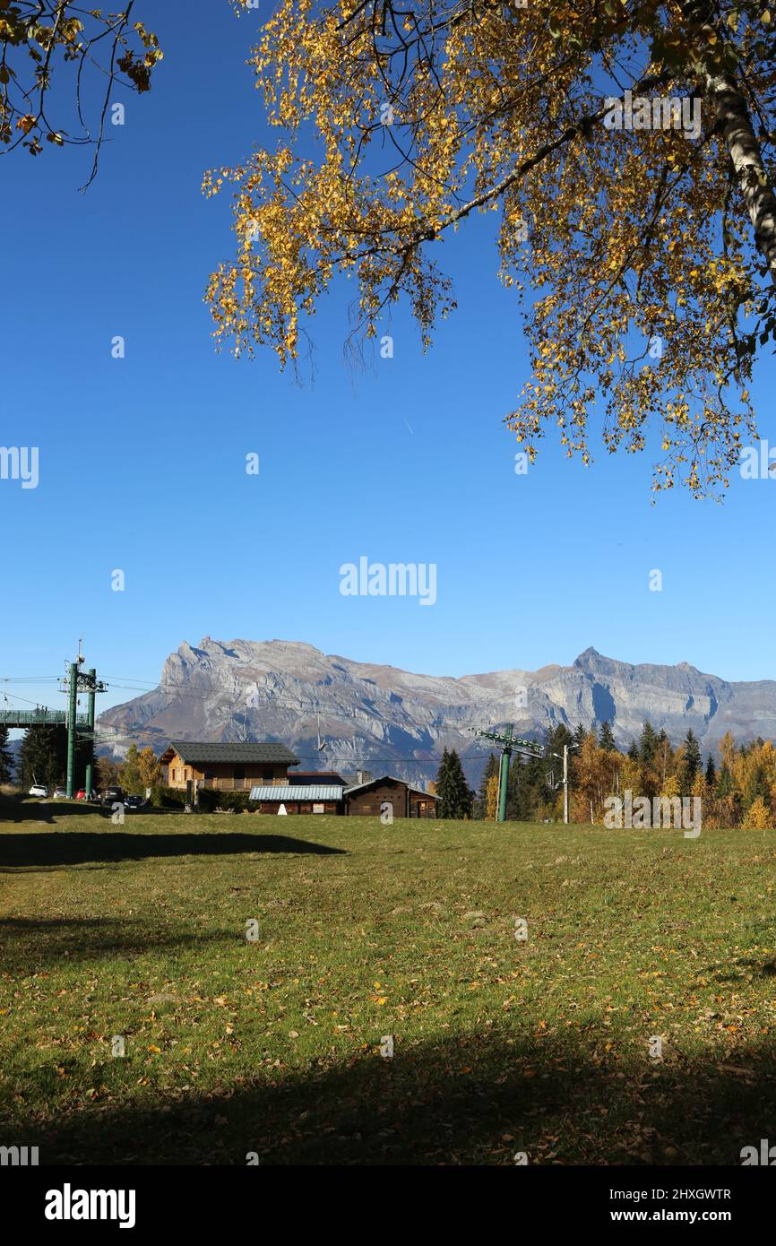 Télésiège. Aiguilles de Warens. Plateau de la Croix. Saint-Gervais-les-Bains. Alta Savoia. Auvergne-Rhône-Alpi. Francia. Foto Stock