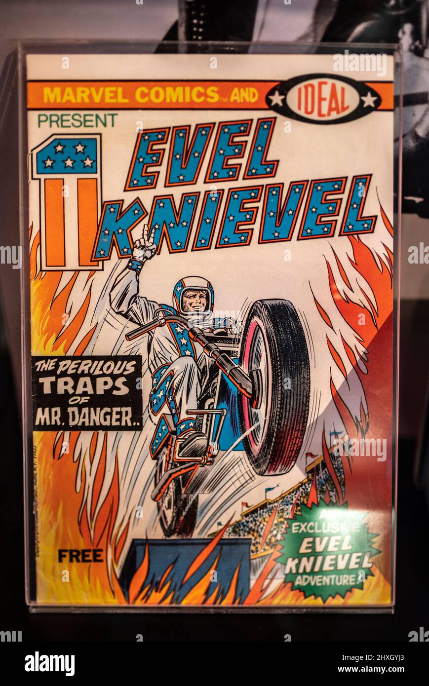 Copia di un fumetto di Evel Knievel situato presso il museo Harley-Davidson a Milwaukee, Wisconsin, USA Foto Stock
