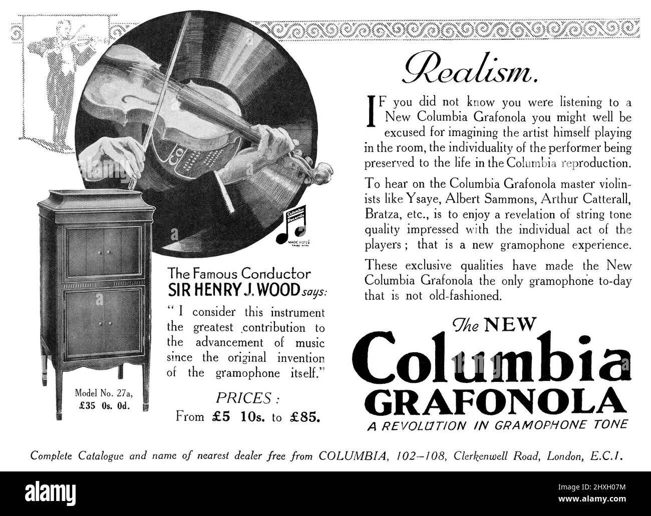 1925 Pubblicità britannica per il giocatore di record del gramophone Columbia Grafonola. Foto Stock