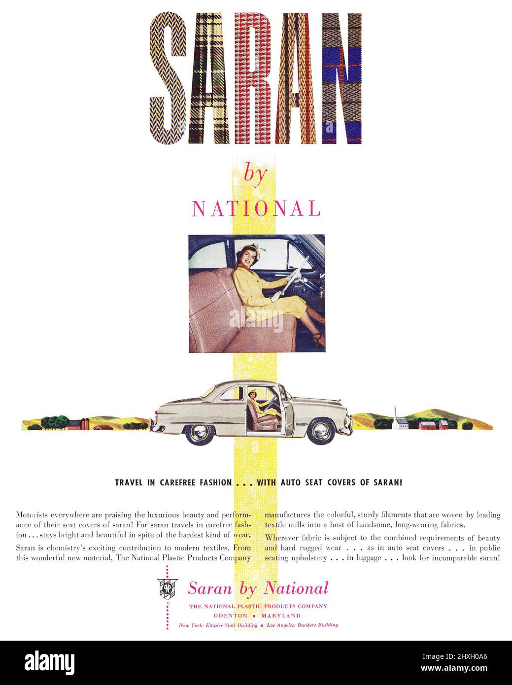 1949 U.S. advertisement for Saran Fabric by the National Plastic Products Company, utilizzato nelle coperture dei sedili per automobili. Foto Stock
