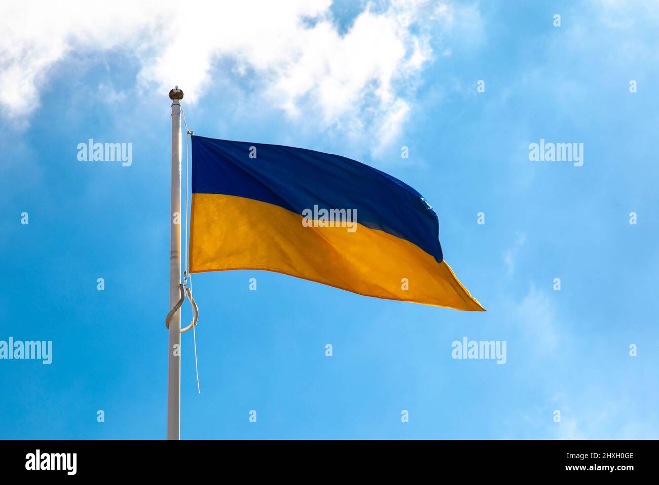 Bandiera Ucraina contro un cielo blu Foto Stock