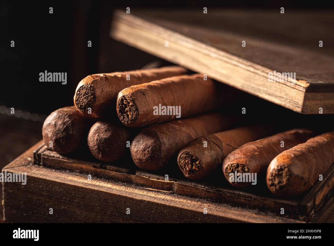Cubano e sigaro costoso con ghigliottina taglia fuori la punta del sigaro. Sigari accatastati in un umidore di legno con una taglierina per sigari. Foto Stock