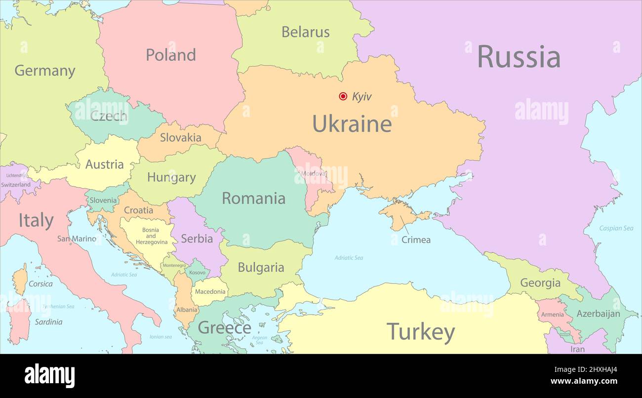 Mappa dell'Ucraina colorata con vettore degli stati circostanti Illustrazione Vettoriale