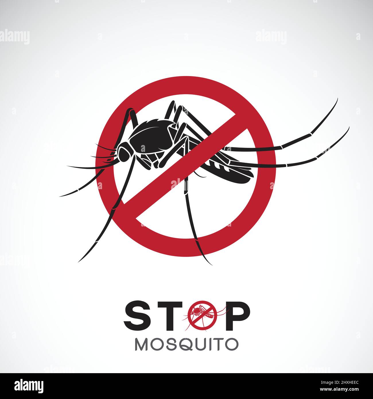 Vettore di zanzara in rosso stop segno su sfondo bianco. Insetto. Concetto di prevenzione dei virus epidemici. Illustrazione vettoriale a livelli facilmente modificabile. Illustrazione Vettoriale