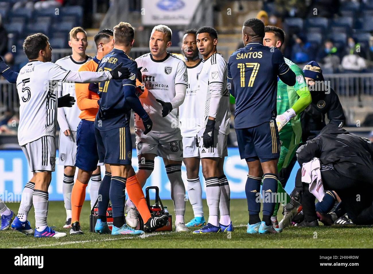 Tensioni flare come la Philadelphia Union sconfigge il San Jose terremoti 2 - 0 durante una partita di calcio MLS professionista della Major League Soccer Foto Stock