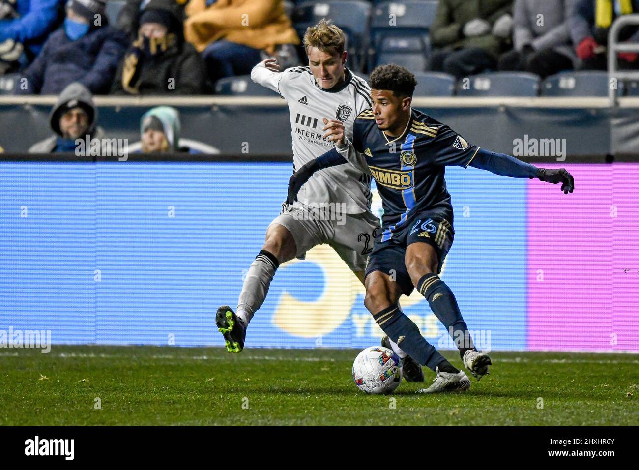 Difensore Nathaniel Harriel sfida un gioco come la Philadelphia Union sconfiggere il San Jose terremoti 2 - 0 durante una partita di calcio MLS professionista della Major League Soccer Foto Stock