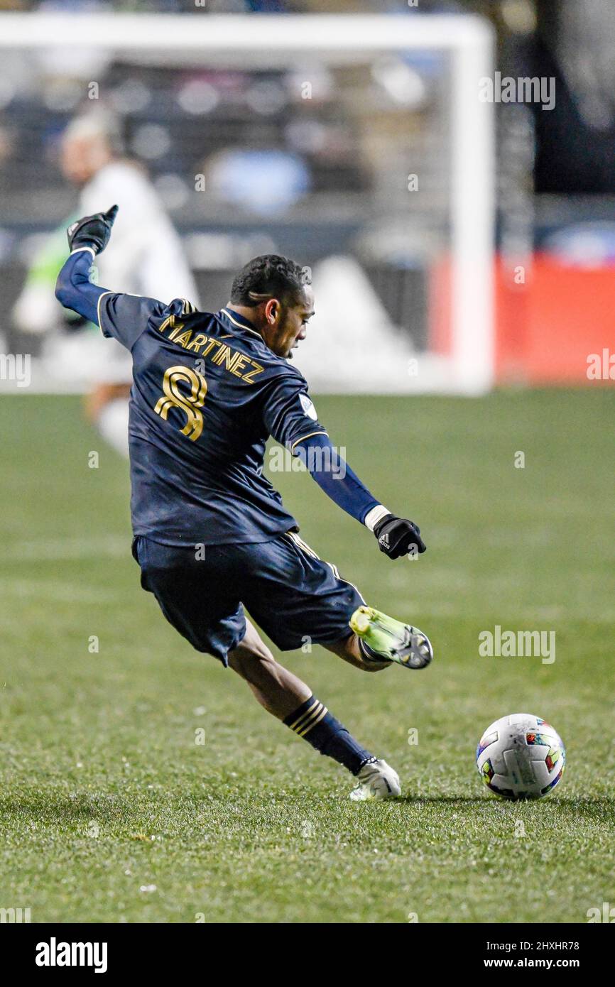 Chester, PA USA, 12 marzo 2022 - il centrocampista Jose Martinez passa la palla mentre la Philadelphia Union sconfigge i terremoti di San Jose 2 - 0 durante una partita di calcio professionale MLS di Major League Soccer Foto Stock