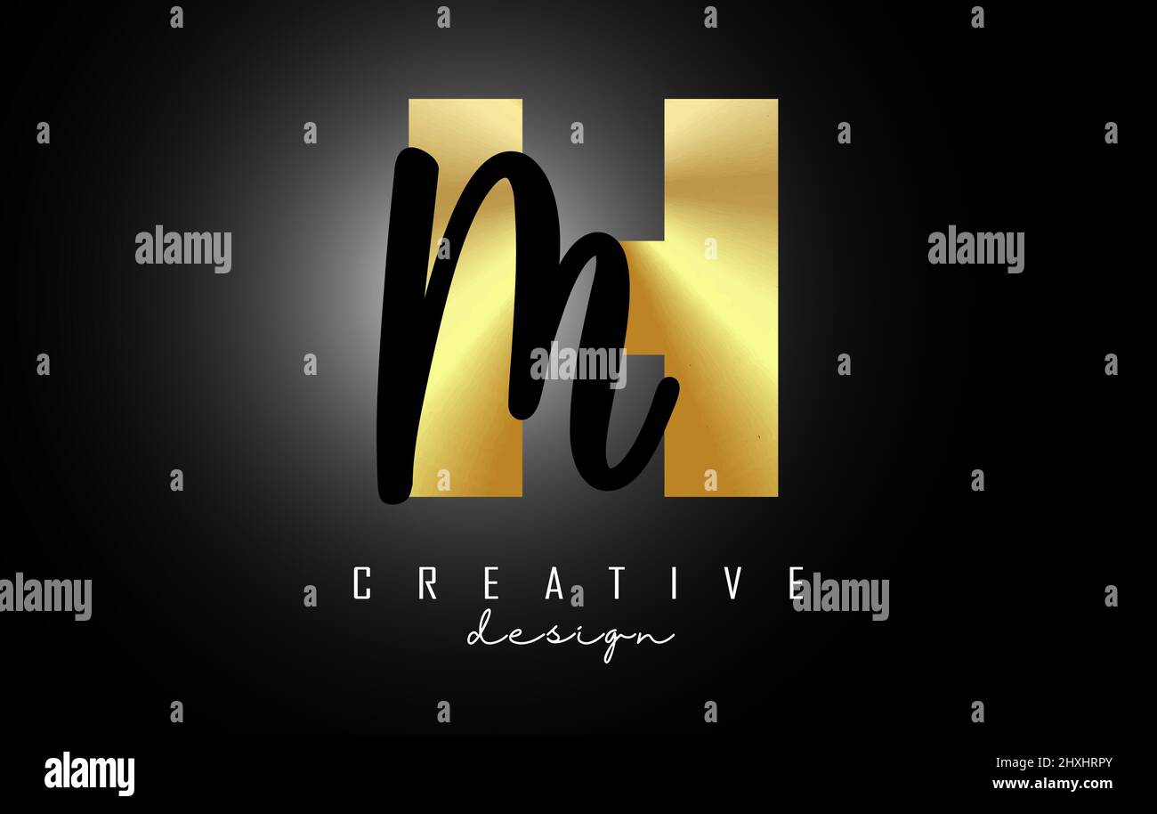 Logo Golden Letters HM dal design minimalista. Lettere H e M con tipografia geometrica e manoscritta. Illustrazione di Creative Vector con lettere. Illustrazione Vettoriale