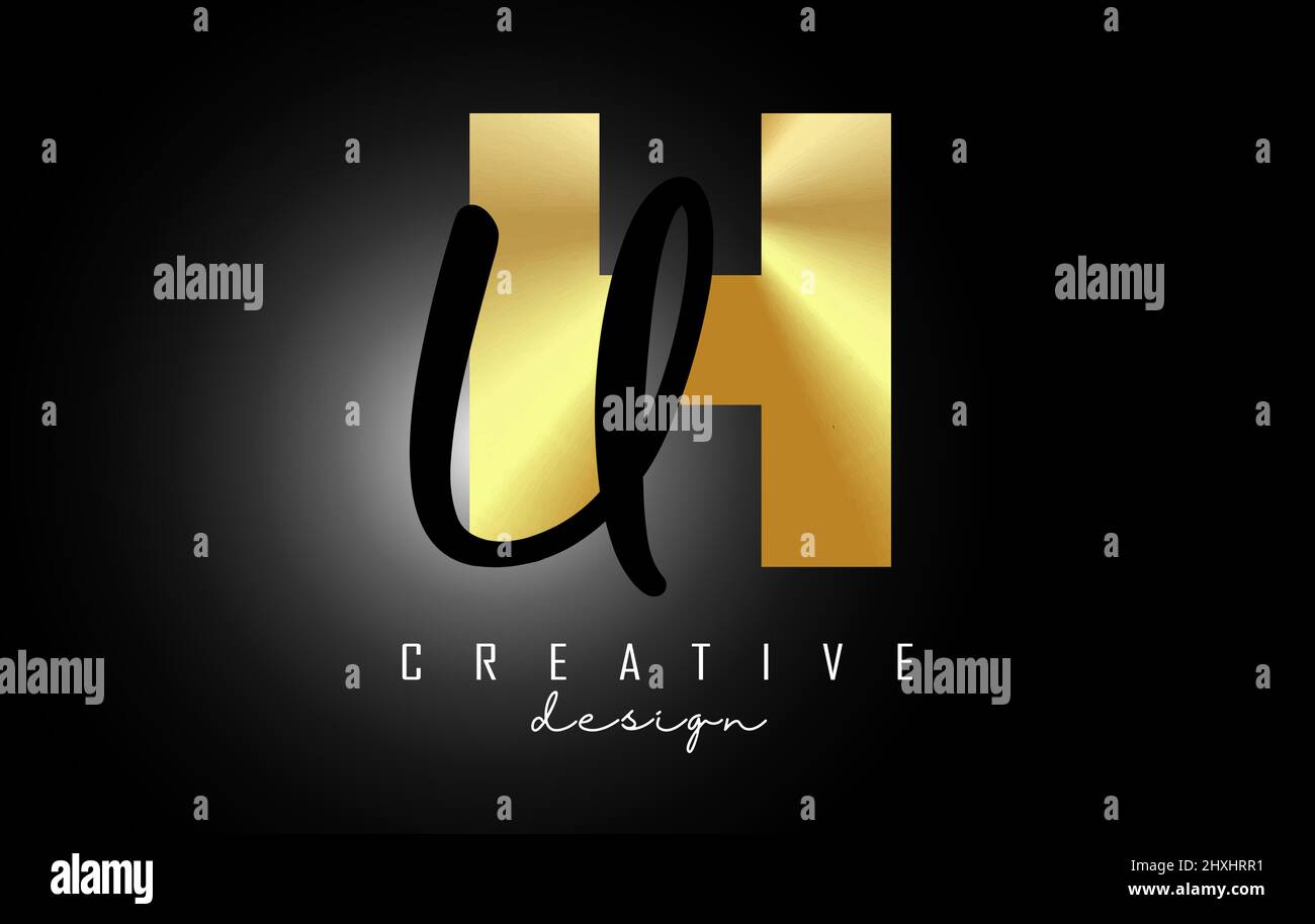 Logo Golden Letters HU dal design minimalista. Lettere H e U con tipografia geometrica e manoscritta. Illustrazione di Creative Vector con lettere. Illustrazione Vettoriale