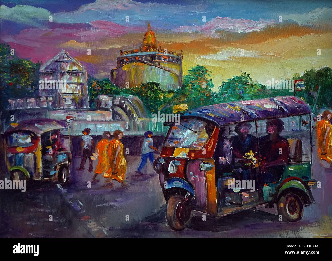 Arte pittura ad olio fine arte Thailand Tuk Tuk auto, taxi, Wat Saket e il Monte d'Oro Foto Stock
