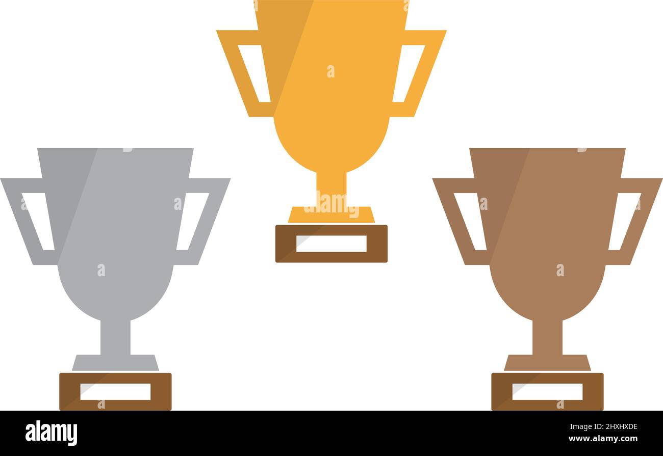 Set trofei in oro, argento e bronzo. Cerimonia di premiazione. Vettore modificabile. Illustrazione Vettoriale