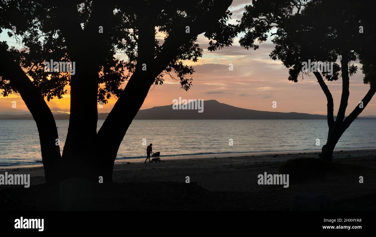 Silhouette di una persona che spinge il pam sulla spiaggia di Milford, incorniciata da alberi di Pohutukawa all'alba, Auckland. Foto Stock