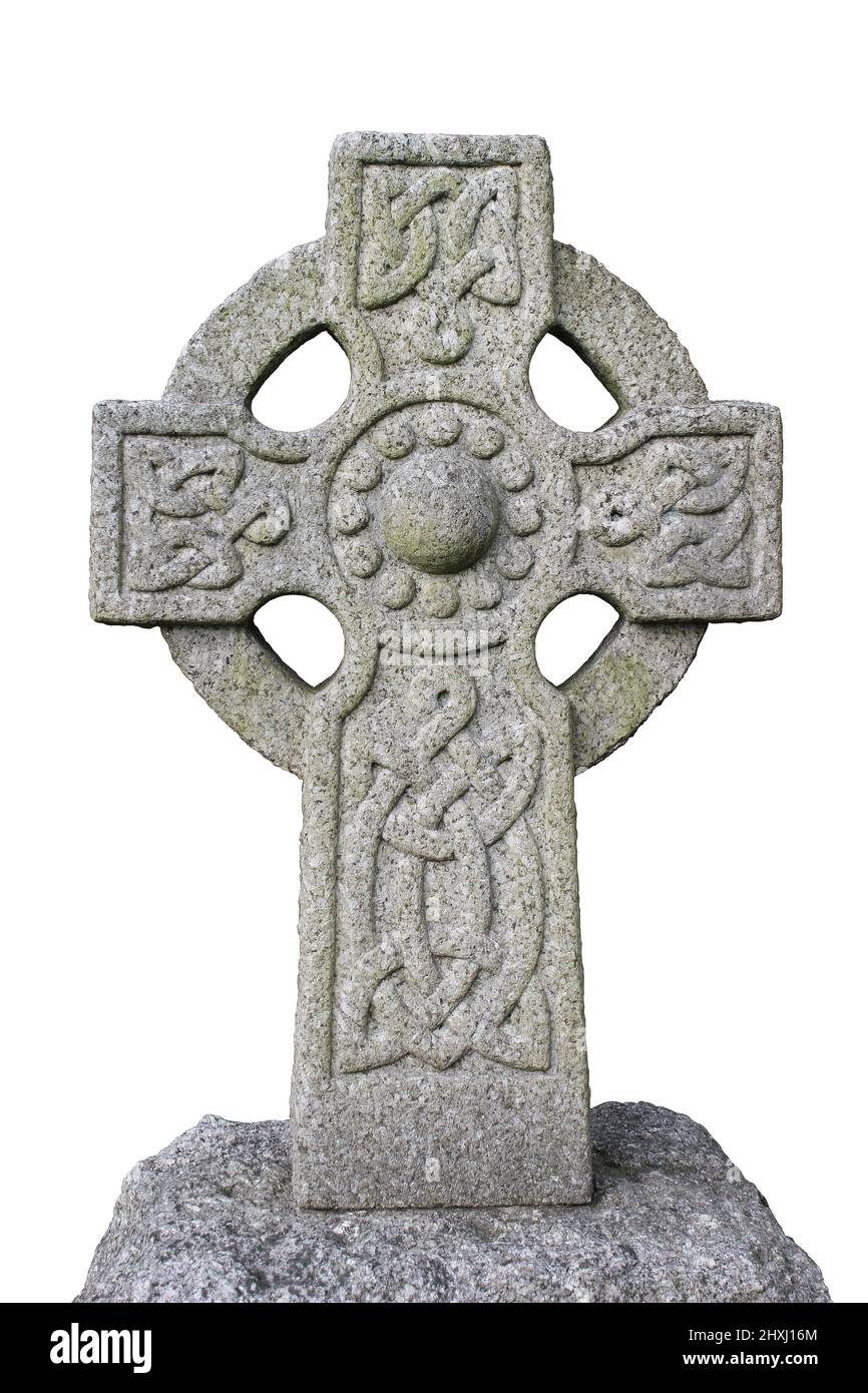 Croce celtica isolata su bianco Foto Stock