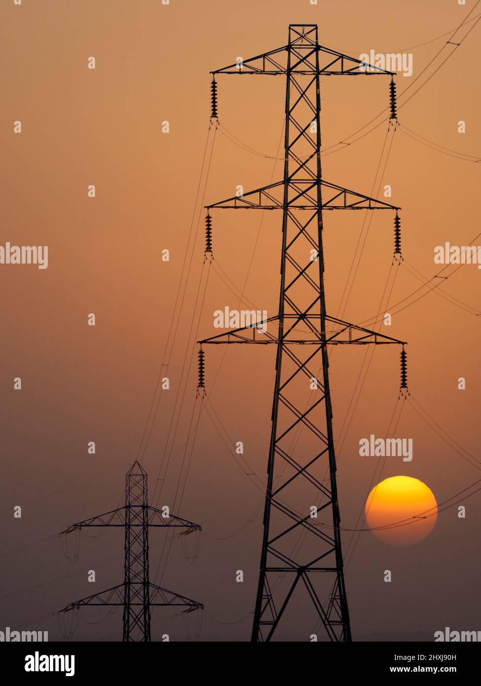 Piloni elettrici nel Lower Radley Village, alba invernale 1 Foto Stock