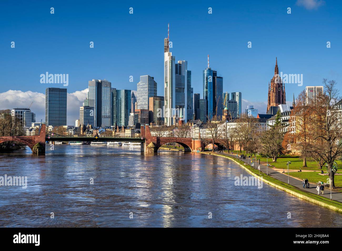 Skyline del centro e fiume meno, Francoforte sul meno, Assia, Germania Foto Stock