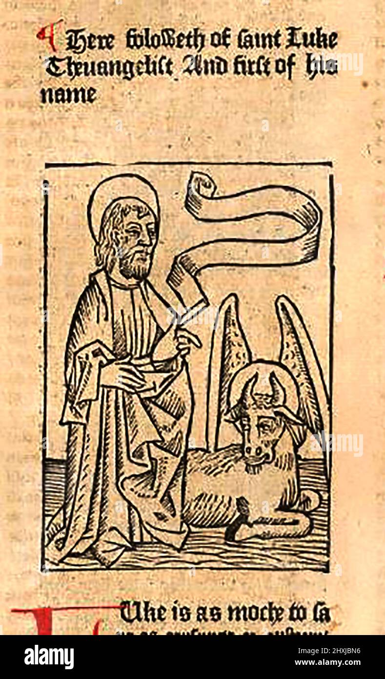 Legno del 15th secolo che mostra San Luca l'evangelista e la sua rappresentazione come un toro alare, come stampato da William Caxton ( 1422-1491/92) nella sua traduzione di 'la leggenda dorata' o 'così endeth la legende chiamata in Latyn legenda aurea che è di saye in Englysshe la legende dorata' da Jacobus, De Voragine, (circa 1229-1298). Foto Stock