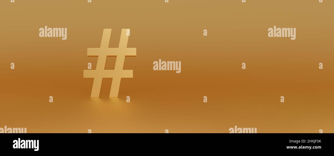 Sfondo panoramico dorato dello studio con simbolo di hashtag oro. Argomenti di tendenza, tendenze, marketing digitale. 3d rendering. Foto Stock