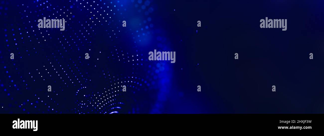 Dati di punti globali su sfondo blu astratto. Concetto di connessione tecnica. Panoramica. Foto Stock