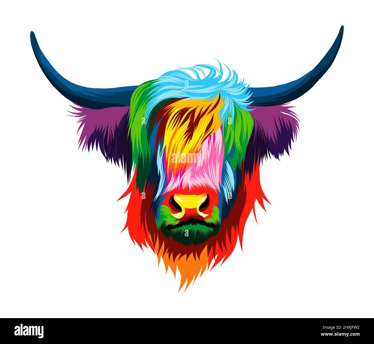Ritratto astratto della testa di vacca highland, mucca scozzese highland da pitture multicolore. Disegno colorato. Illustrazione vettoriale di vernici Illustrazione Vettoriale