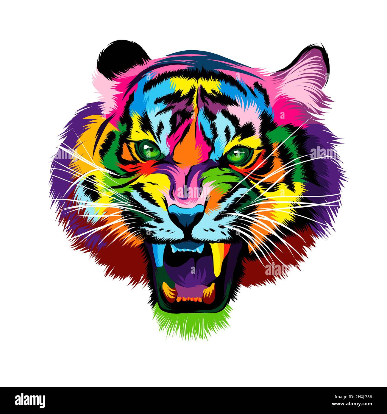 Ritratto astratto della testa della tigre, grin della tigre, tigre furious da pitture multicolore. Disegno colorato. Illustrazione vettoriale di vernici Illustrazione Vettoriale