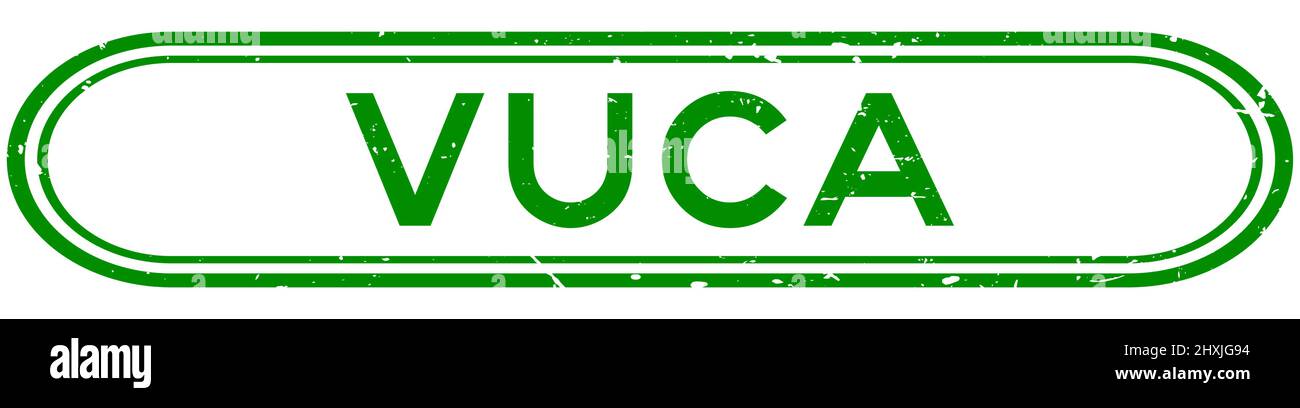 Grunge verde VUCA (abbreviazione di volatilità, incertezza, complessità e ambiguità) parola gomma sigillo timbro su sfondo bianco Illustrazione Vettoriale