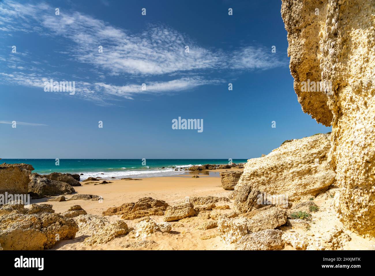 Die Strandbuchten Calas de Roche bei Conil de la Frontera, Costa de la Luz, Andalusia, Spanien | le calas de Roche baie vicino a Conil de la Frontera Foto Stock