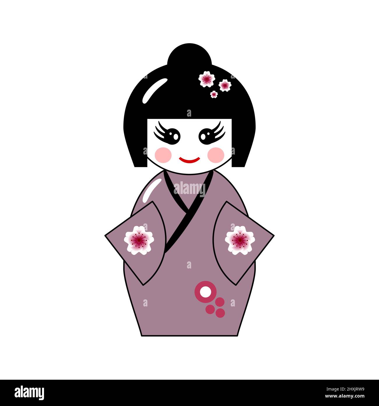 Carina bambola kokeshi. Giocattolo tradizionale giapponese. Kawaii ragazza in stile kimono. Personaggio donna in stile cartone animato. Kokeshi in abito lilla con fiore sakura. Illustrazione Vettoriale