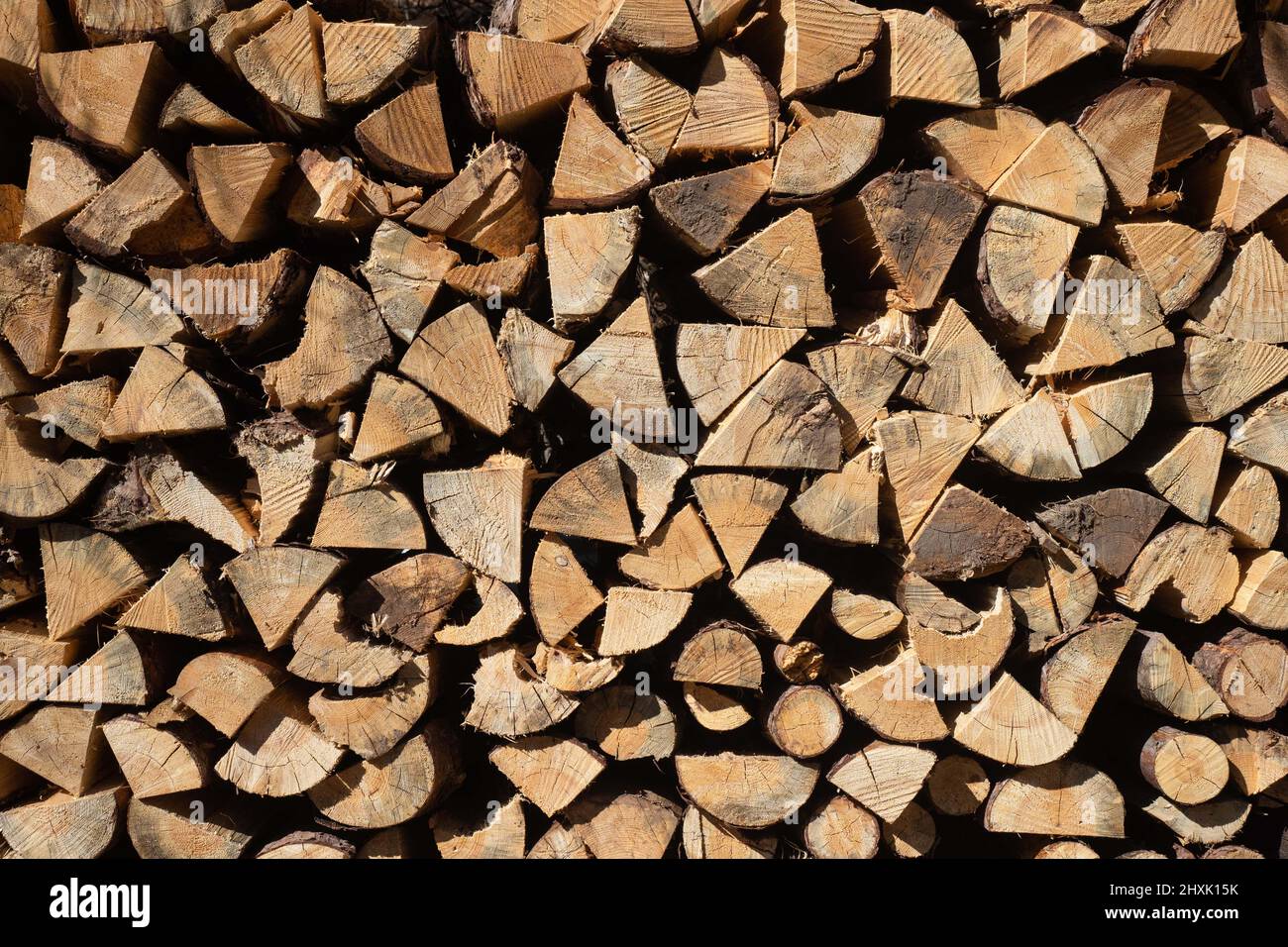 13 marzo 2022, Baviera, Tüchersfeld: Pali di legno spaccato in grandi pali. I prezzi energetici costosi e la paura di carenze di approvvigionamento energetico stanno guidando la tendenza verso il riscaldamento con legno e la domanda di stufe a legna e caminetti. Foto: Nicolas Armer/dpa Foto Stock