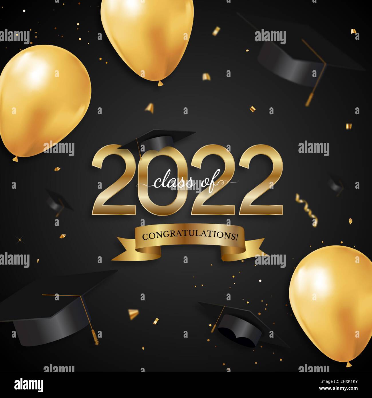 Classe di graduazione di 2021 con cappello graduato e confetti. Illustrazione vettoriale. Illustrazione Vettoriale