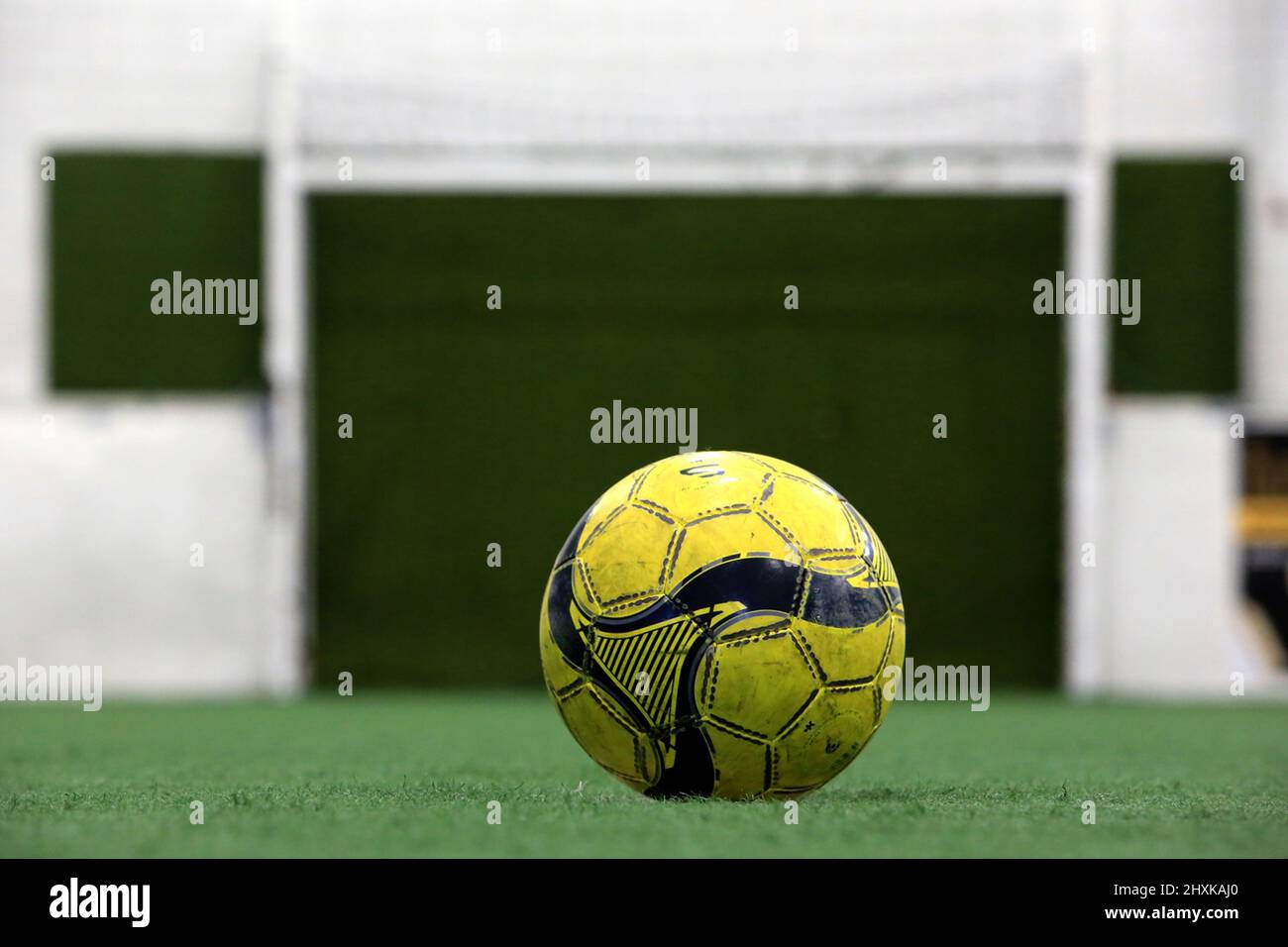 Ballon de foot sur une pelouse synthétique dans un gymnase. Ile-de-France. Francia. Foto Stock