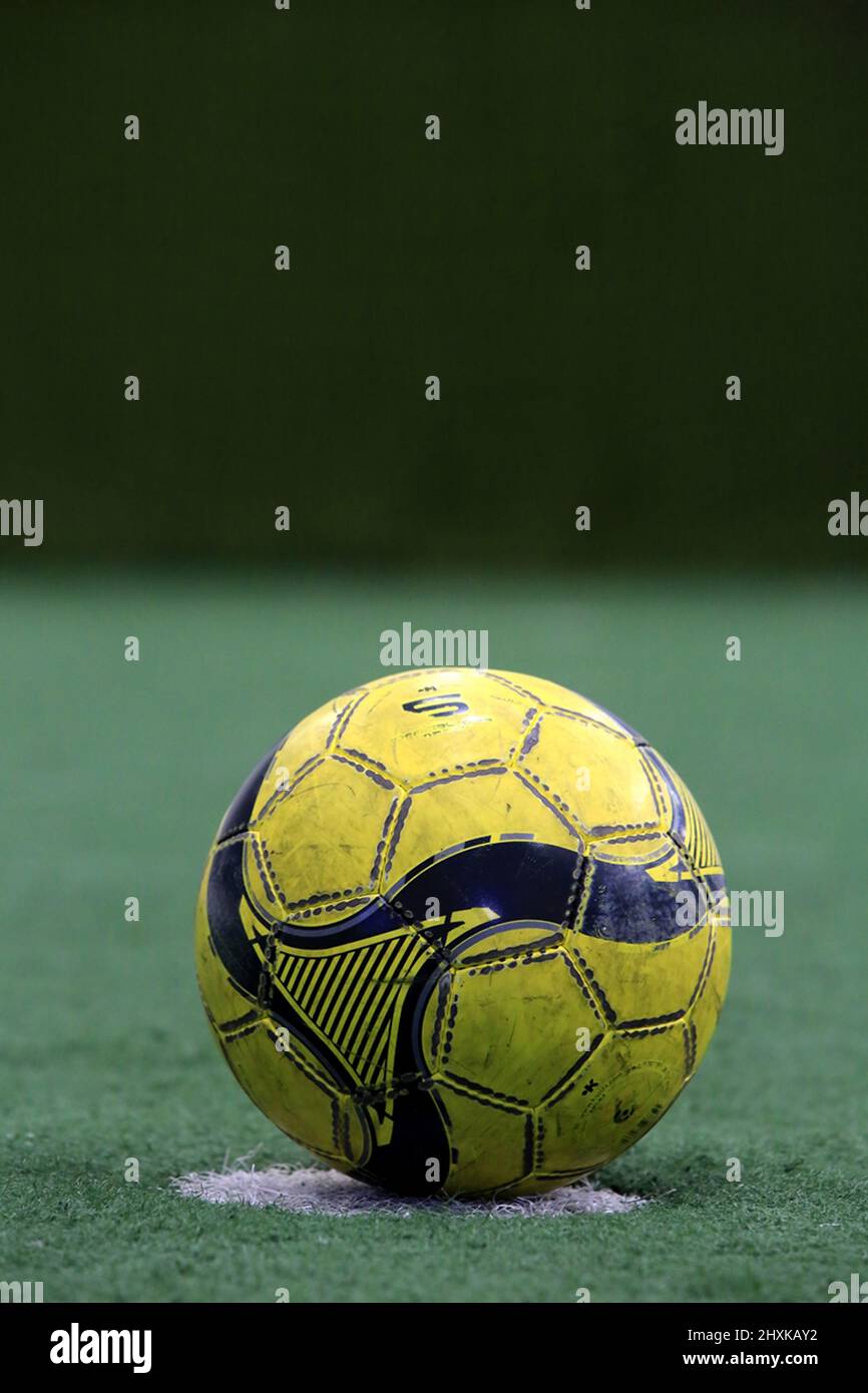 Ballon de foot sur une pelouse synthétique dans un gymnase. Ile-de-France. Francia. Foto Stock