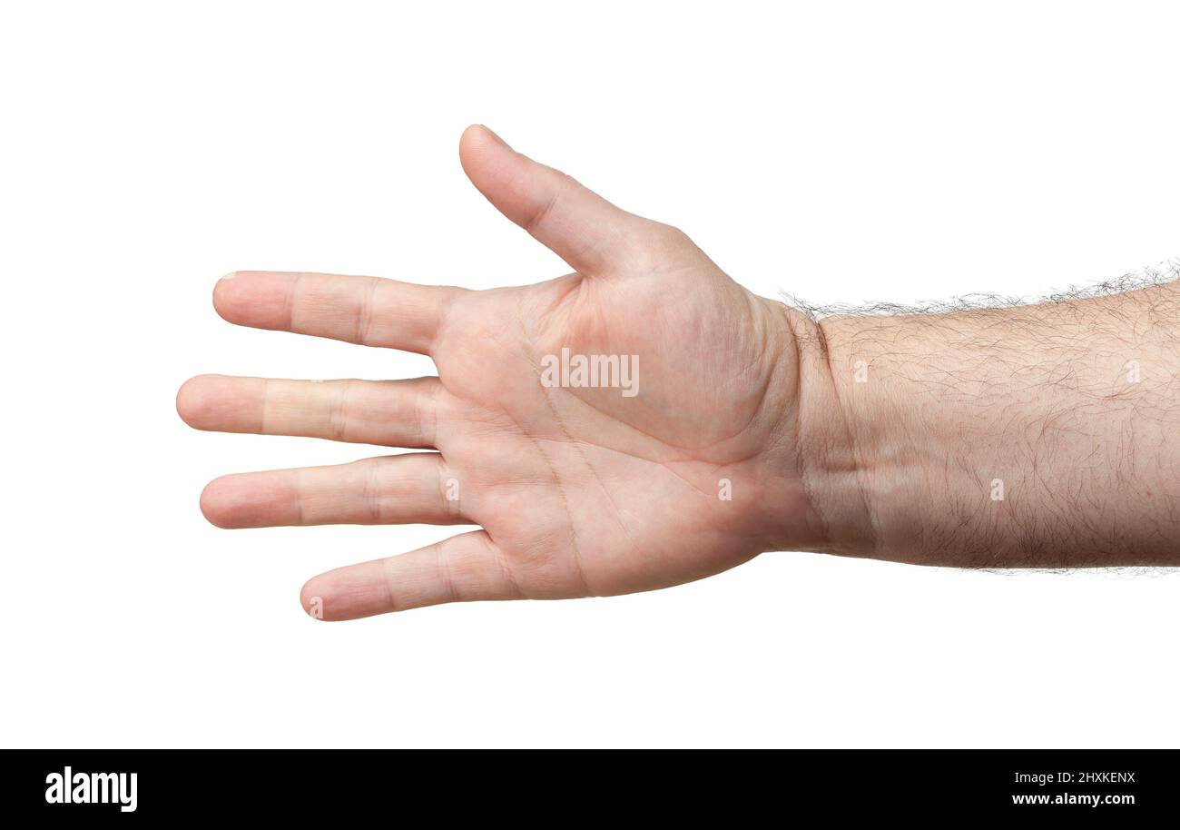 Mano prima della stretta di mano isolato su sfondo bianco con tracciato di ritaglio. Mano vuota dell'uomo che offriva una stretta di mano, fece arrivare mano e braccio per qualcosa Foto Stock