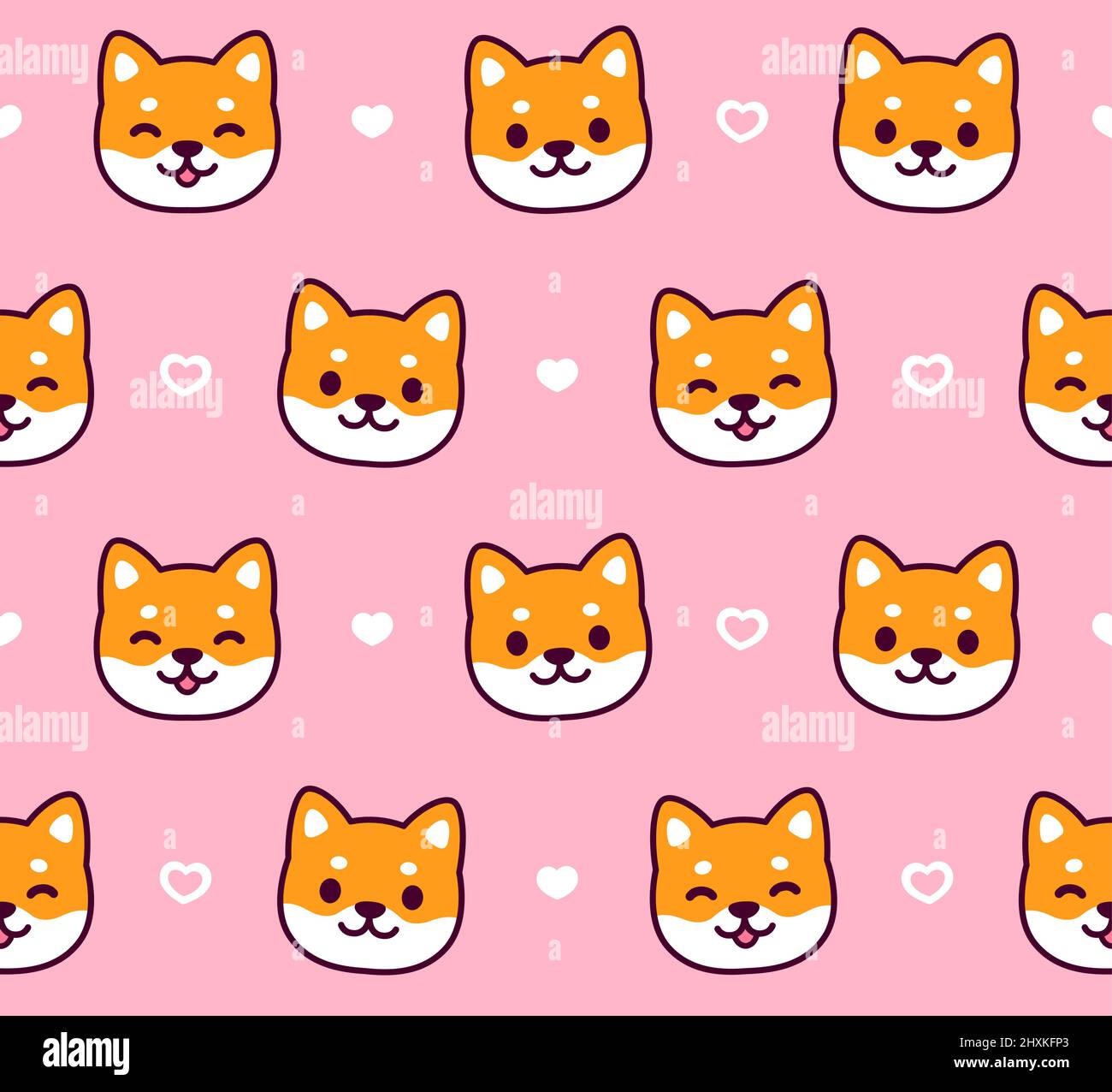 Carino fumetto Shiba Inu cane modello. Il cucciolo di Kawaii si affaccia su uno sfondo rosa con spaghetti di cuore. Semplice illustrazione vettoriale. Illustrazione Vettoriale