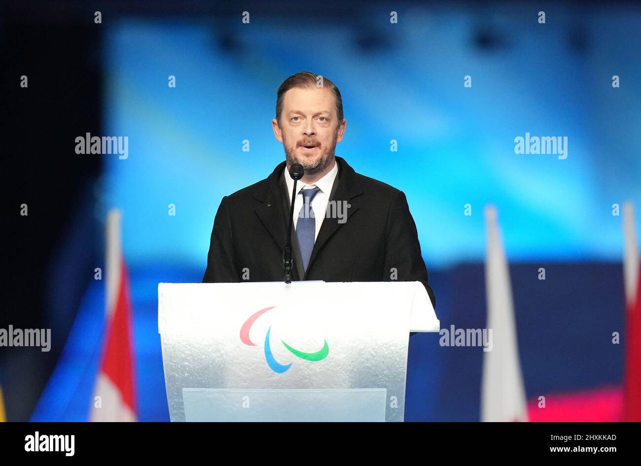 Pechino, Cina. 13th Mar 2022. Andrew Parsons, presidente del Comitato Internazionale Paralimpico, si rivolge alla cerimonia di chiusura dei Giochi Paralimpici invernali di Pechino 2022 allo Stadio Nazionale di Pechino, capitale della Cina, il 13 marzo 2022. Credit: WU Zhuang/Xinhua/Alamy Live News Foto Stock