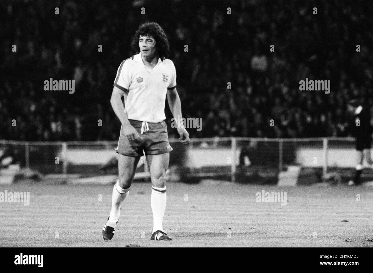 Kevin Keegan durante la partita Inghilterra / Galles, British Championships. Punteggio finale 1-0 per il Galles. Stadio di Wembley, 31st maggio 1977. Foto Stock