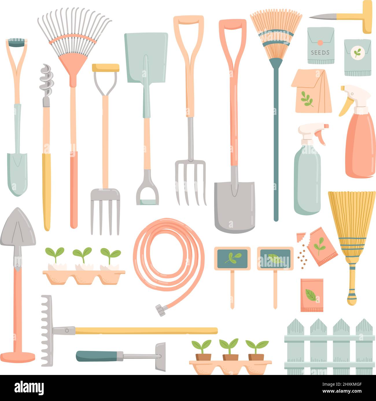 Set di utensili da giardino a molla, design piatto, vettoriale Illustrazione Vettoriale