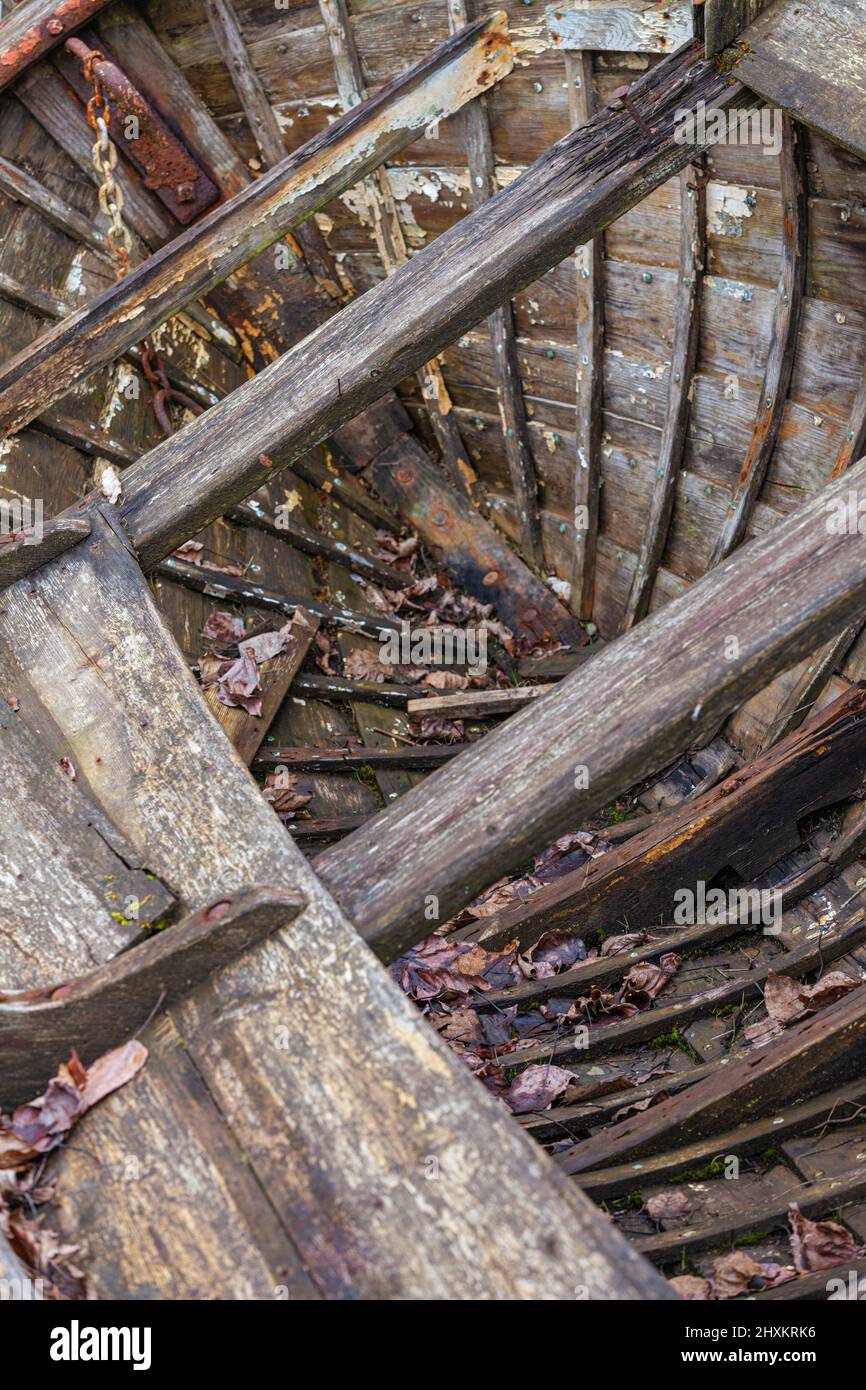 Dettagli interni di una barca a file derelitto presso il patrimonio Britannia Ship Yard a Steveston British Columbia canada Foto Stock