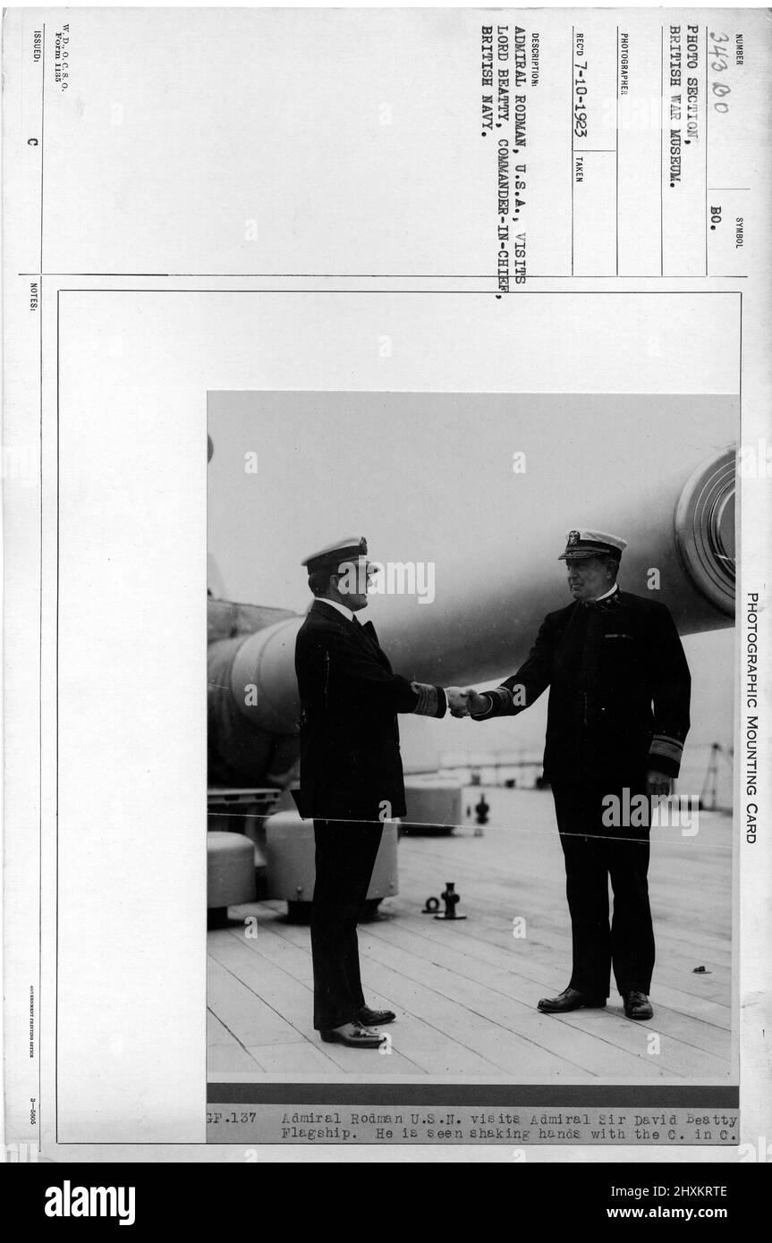 L'ammiraglio Rodman, U.S.A., visita Lord Beatty, Comandante in Capo, British Navy. Collezione di fotografie della prima Guerra Mondiale, 1914-1918 che raffigurano le attività militari delle forze armate britanniche e di altre nazioni e del personale durante la prima Guerra Mondiale Foto Stock