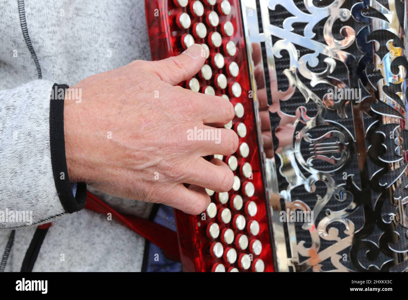 Homme jouant de l'accordéon. Saint-Gervais-les-Bains. Alta Savoia. Auvergne-Rhône-Alpes. Francia. Foto Stock