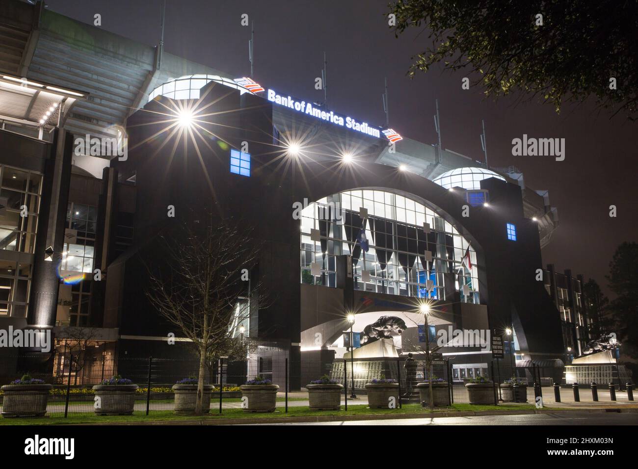 Vista notturna del Bank of America Stadium di Charlotte, North Carolina, sede dei Carolina Panthers della National Football League e dei Major League Soccer's. Foto Stock
