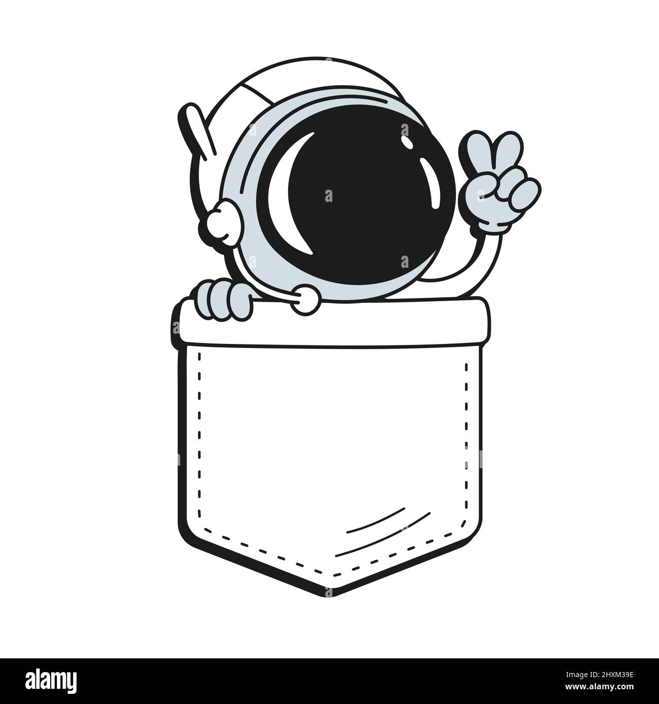 Astronauta in tasca t-shirt print.Vector cartoon doodle line stile personaggio logo illustrazione design.Isolated su sfondo bianco. Divertente stampa astronauta vintage per t-shirt tascabile, concetto di abbigliamento Illustrazione Vettoriale