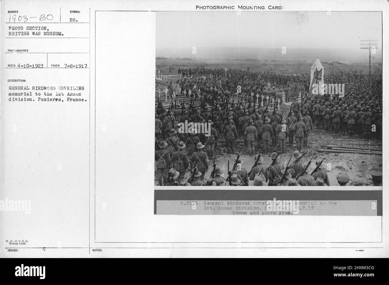 Generale birdwood svela memoriale della divisione Anzac 1st. Pozieres, Francia. Collezione di fotografie della prima Guerra Mondiale, 1914-1918 che raffigurano le attività militari delle forze armate britanniche e di altre nazioni e del personale durante la prima Guerra Mondiale Foto Stock