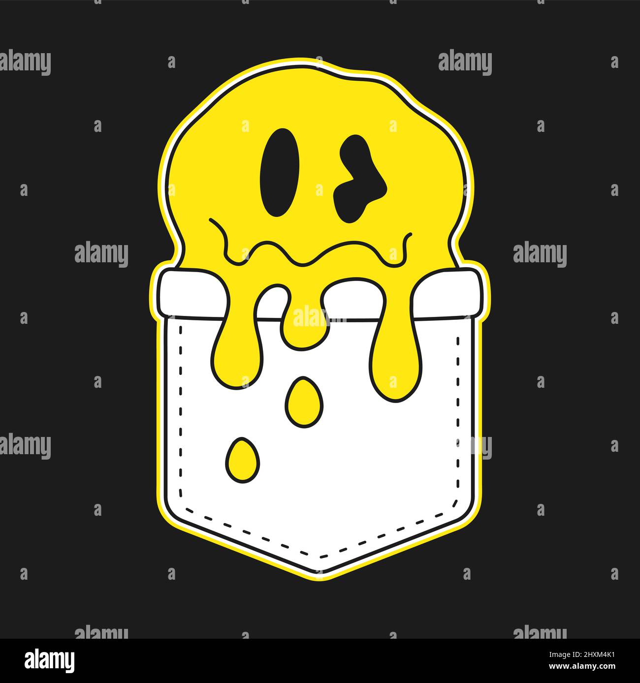 Divertente faccia del sorriso di melt in tasca t-shirt print.Vector cartoon doodle linea stile carattere disegno illustrazione del logo. Divertente trippy vintage, acid melt sorriso stampa viso per tasca t-shirt, abbigliamento concetto Illustrazione Vettoriale