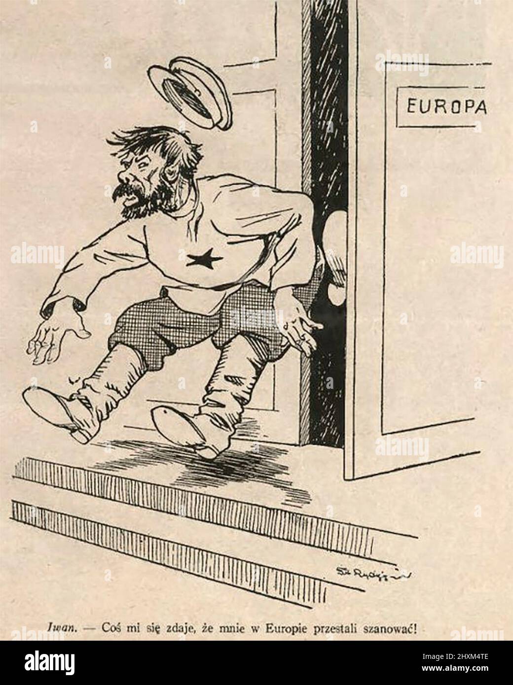 “Ivan” è cacciato dalla porta dell’Europa – una caricatura dedicata all’accordo di Monaco del 1938 esprime l’idea che la Russia fosse aliena alla civiltà europea – cartoon politico, 1938 Foto Stock