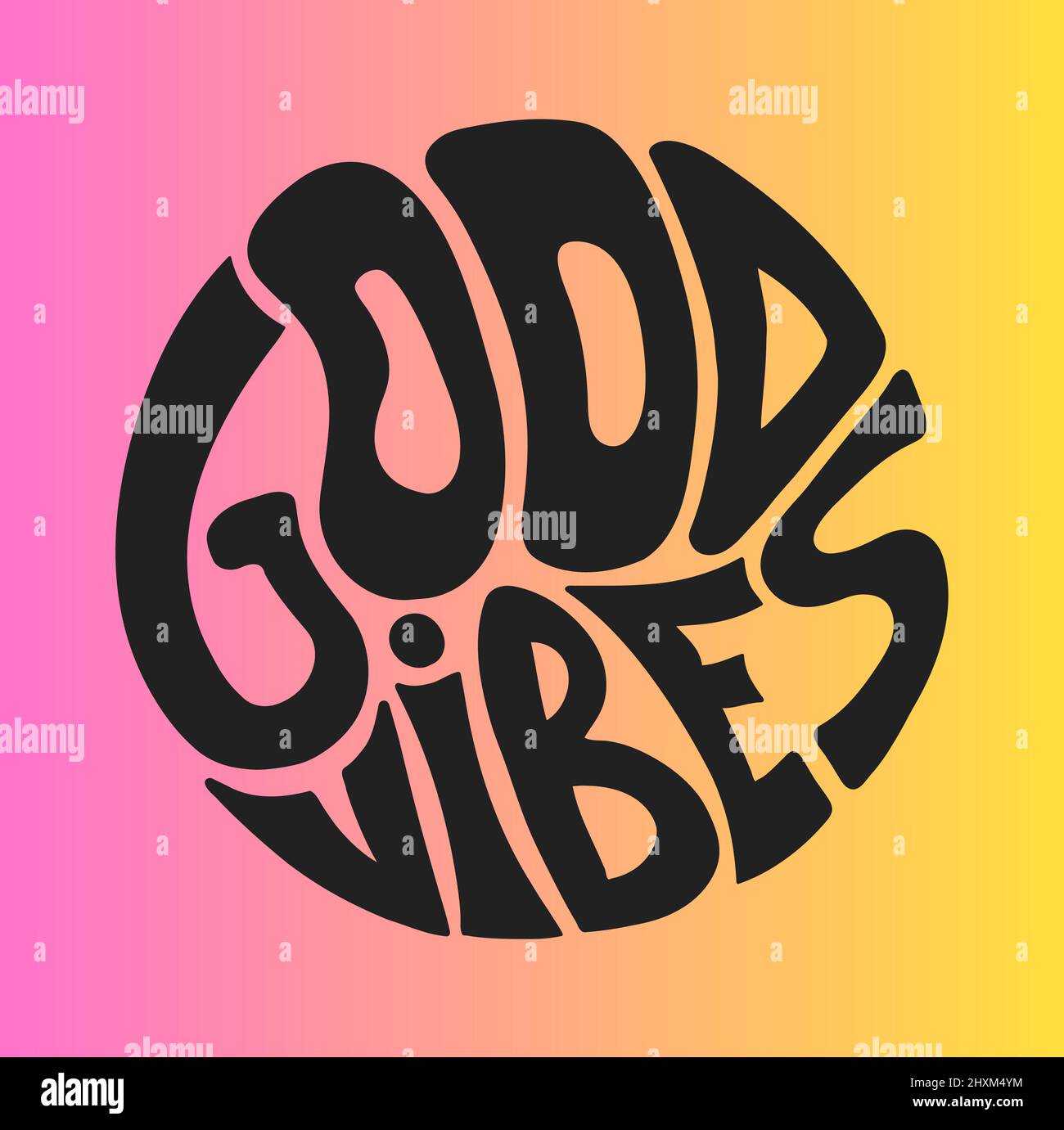 Le buone vibrazioni citano solo nella stampa circolare della t-shirt. Illustrazione di lettere disegnata a mano vettoriale. Buona vibes solo la stampa di lettere per t-shirt, poster, adesivo, copertina, logo concetto Illustrazione Vettoriale