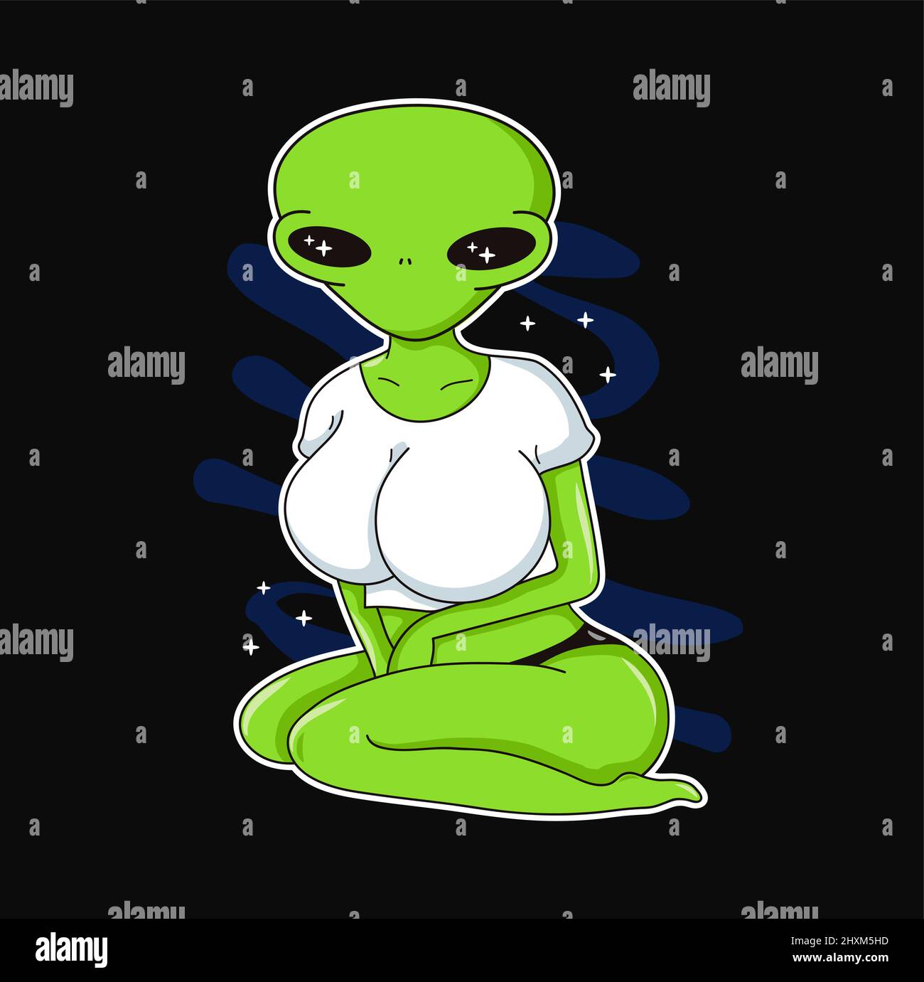 Signora aliena. Vettore disegnata a mano linea di doodle illustrazione cartoon. Stampa sexy aliena per t-shirt, poster, adesivo, copertina, badge Illustrazione Vettoriale