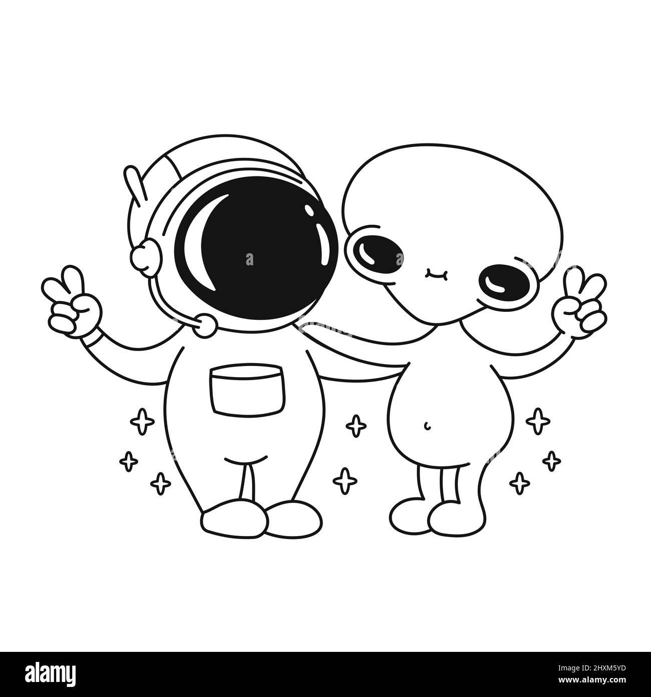 Carino astronauta umano e alieno mostrano la pagina del gesto di pace per colorare libro. Vettore linea doodle cartoon kawaii personaggio illustrazione. Astronauta, pagina aliena per libro da colorare fumetto mascotte concetto Illustrazione Vettoriale